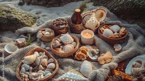 Seashells, a lit candle and a bottle on a beach towel.