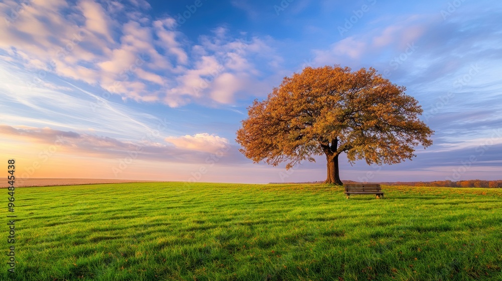 A lone tree sitting on a grassy hill with clouds in the sky, AI A lone tree sitting on a grassy hill with clouds in the sky, AI