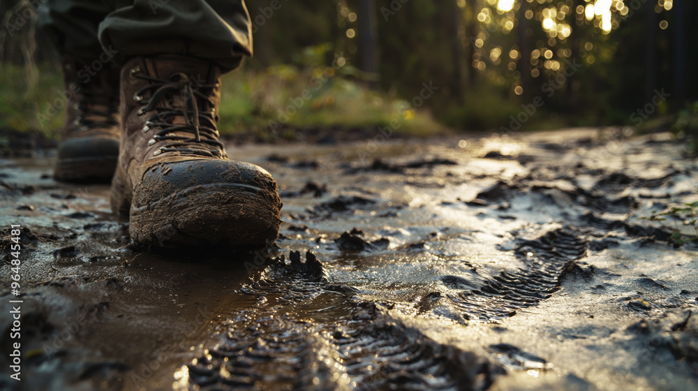 Hiking boots trekking through muddy forest trail, outdoor adventure, nature exploration, wilderness journey concept Hiking boots trekking through muddy forest trail, outdoor adventure, nature exploration, wilderness journey concept