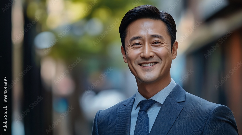 Front view of a smiling Asian businessman outdoors in the city, portraying a confident CEO or executive leader. Front view of a smiling Asian businessman outdoors in the city, portraying a confident CEO or executive leader.