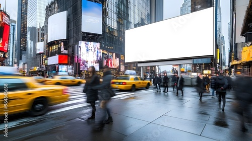 A dynamic stock photo of an empty billboard positioned on a busy city street, with pedestrians and traffic passing by. photo