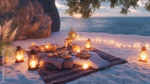 Fototapeta Naklejka Na Ścianę i Meble -  Romantic beach picnic with lanterns, candles, and fairy lights at dusk.