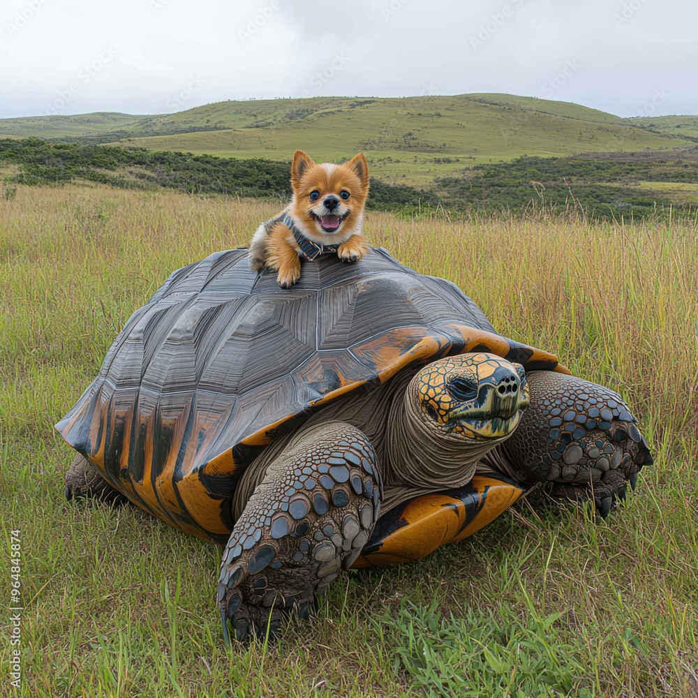 Pet Riding Turtle Dog Riding Giant Turtle in Scenic Rolling Hills on Overcast Day - Fun ...