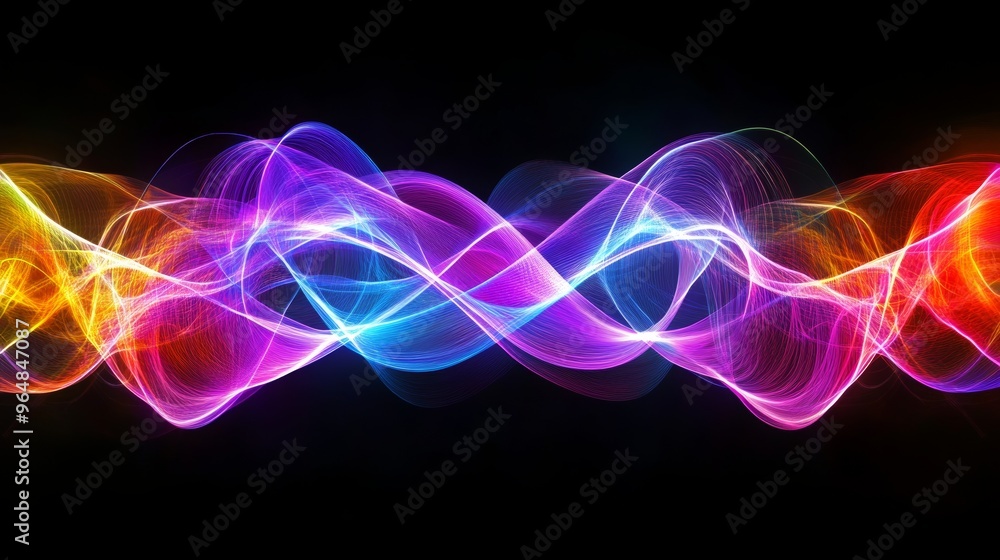 Featuring smooth multicolored lines against a dark background, this abstract line art serves as a design element of fluidity and softness Featuring smooth multicolored lines against a dark background, this abstract line art serves as a design element of fluidity and softness