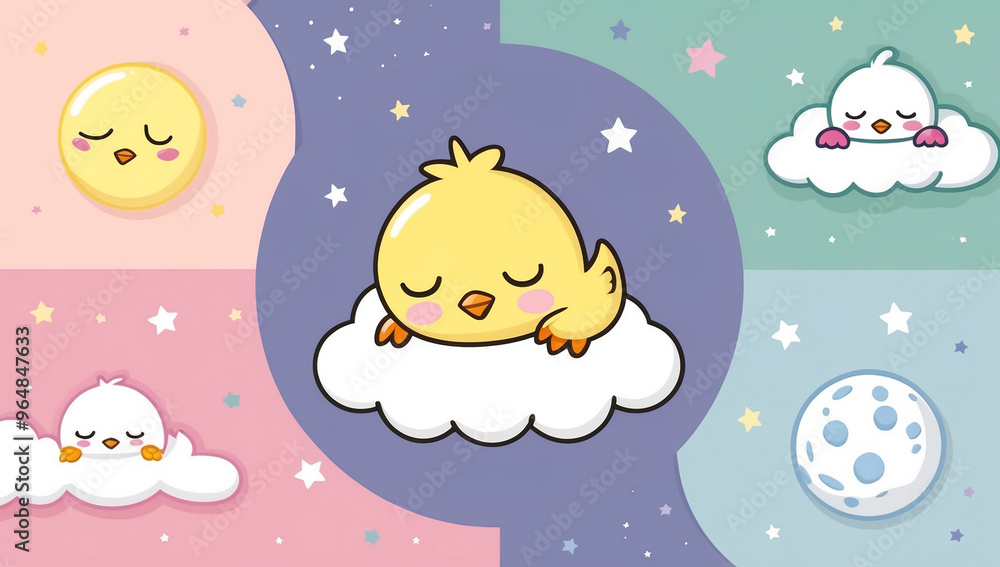 Little cartoon chick sleeping on a cloud, flat design illustration Little cartoon chick sleeping on a cloud, flat design illustration