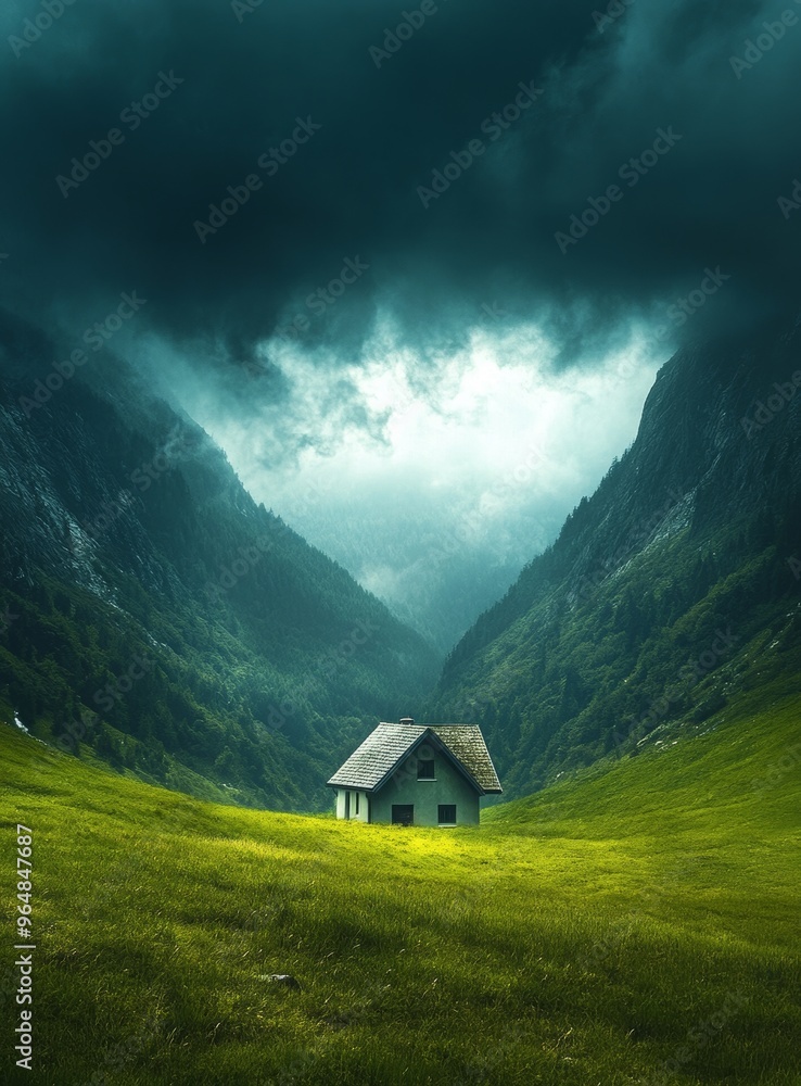 old house in the valley surrounded by mountains, dark clouds are in the sky old house in the valley surrounded by mountains, dark clouds are in the sky