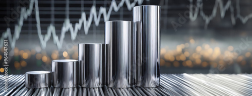 Obraz na płótnie Metallic cylinders in varying sizes in front of a stock market graph, representing business and financial growth. w salonie