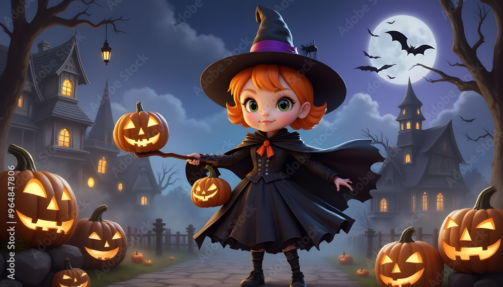 Cute Witch Halloween Girl With Jack O Lanterns Cute Witch Halloween Girl With Jack O Lanterns