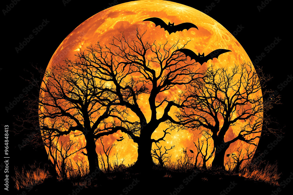 Full Moon with Creepy Tree Silhouettes and Bats Flying for a Spooky Halloween Night Illustration Full Moon with Creepy Tree Silhouettes and Bats Flying for a Spooky Halloween Night Illustration