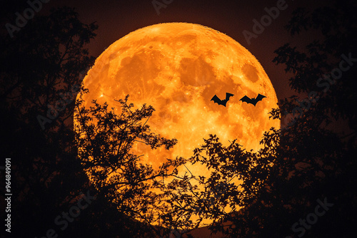 Full Moon with Creepy Tree Silhouettes and Bats Flying for a Spooky Halloween Night Illustration photo