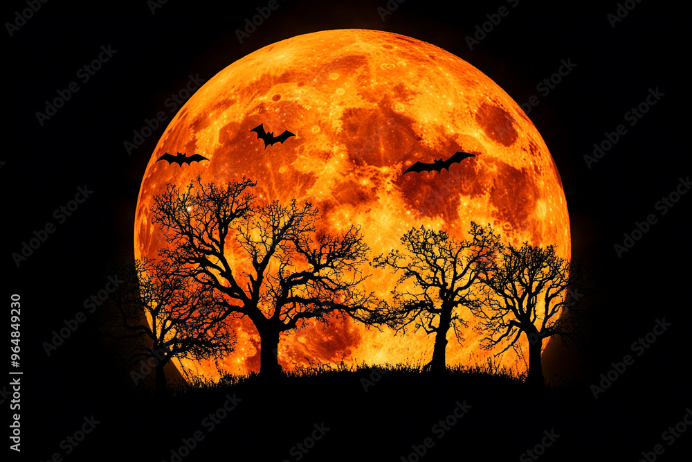 Full Moon with Creepy Tree Silhouettes and Bats Flying for a Spooky Halloween Night Illustration Full Moon with Creepy Tree Silhouettes and Bats Flying for a Spooky Halloween Night Illustration