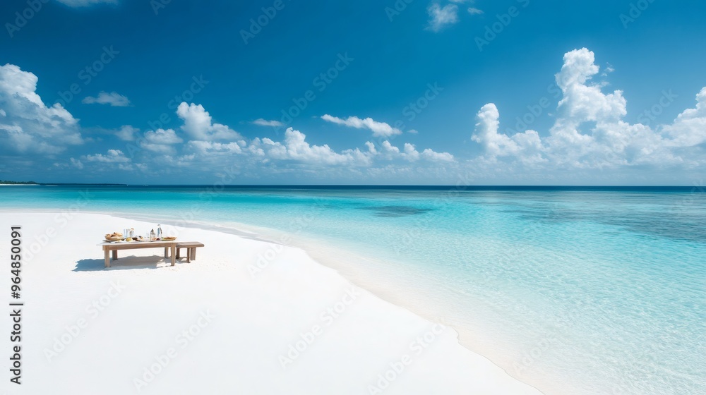 Wooden table set for a romantic picnic on the beach with blue ocean and white sand. Wooden table set for a romantic picnic on the beach with blue ocean and white sand.