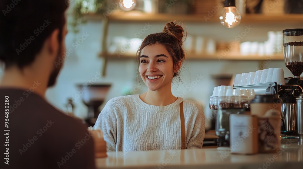 A barista chatting with a regular customer at the cafe counter, with a friendly smile and relaxed ambiance. A barista chatting with a regular customer at the cafe counter, with a friendly smile and relaxed ambiance.