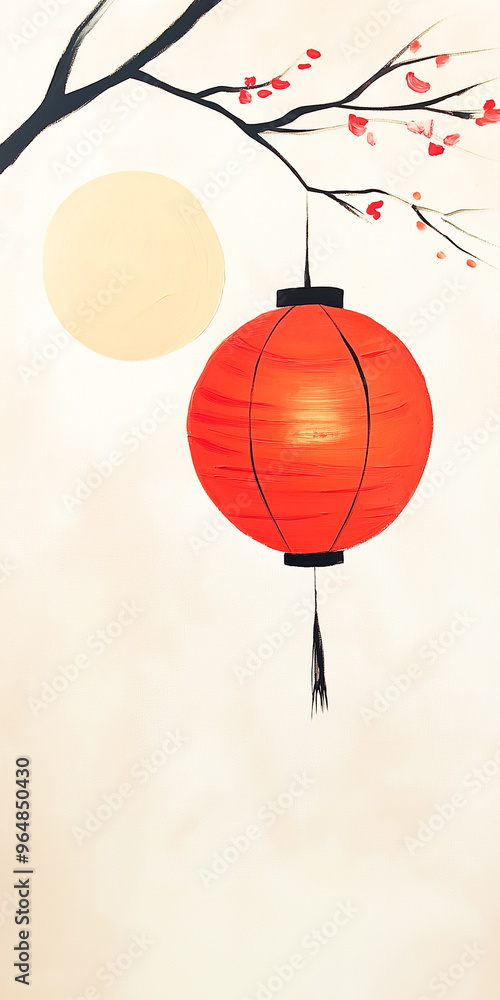 Obraz premium Simple Red Lantern on a Branch with Soft Moonlight – Minimalist Vertical Mid Autumn Festival Art 