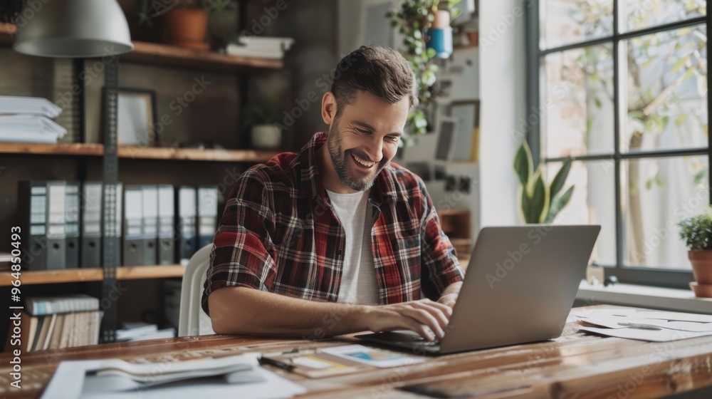 A happy smiling man is casually working on his laptop at his desk A happy smiling man is casually working on his laptop at his desk
