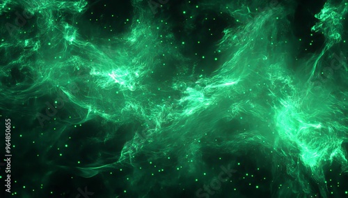 On a black background, an abstract green fire light smoke shape stands out