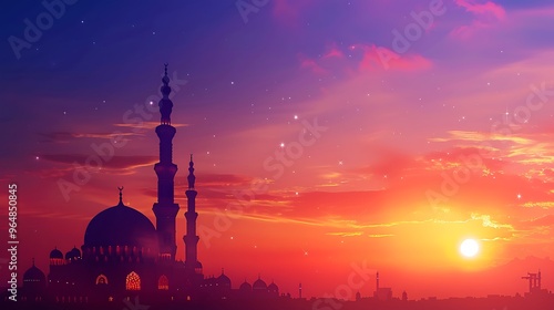 Mosque Silhouette at Sunset with Stars