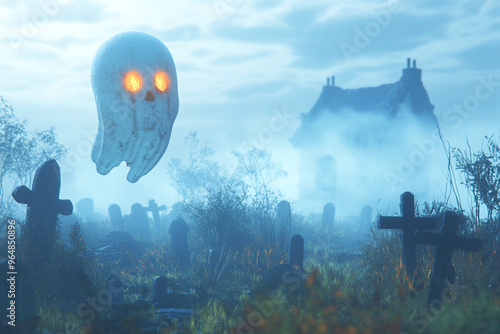 Ghost Floating Over a Misty Graveyard with Eerie Fog for a Haunted Halloween Illustration photo