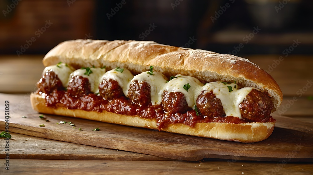 A classic meatball marinara sub topped with melted mozzarella cheese A classic meatball marinara sub topped with melted mozzarella cheese