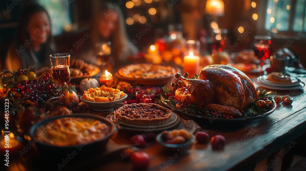 A cozy Thanksgiving banner showcasing a family gathered around a festive table, with traditional dishes like turkey and pies, and a subtle A cozy Thanksgiving banner showcasing a family gathered around a festive table, with traditional dishes like turkey and pies, and a subtle