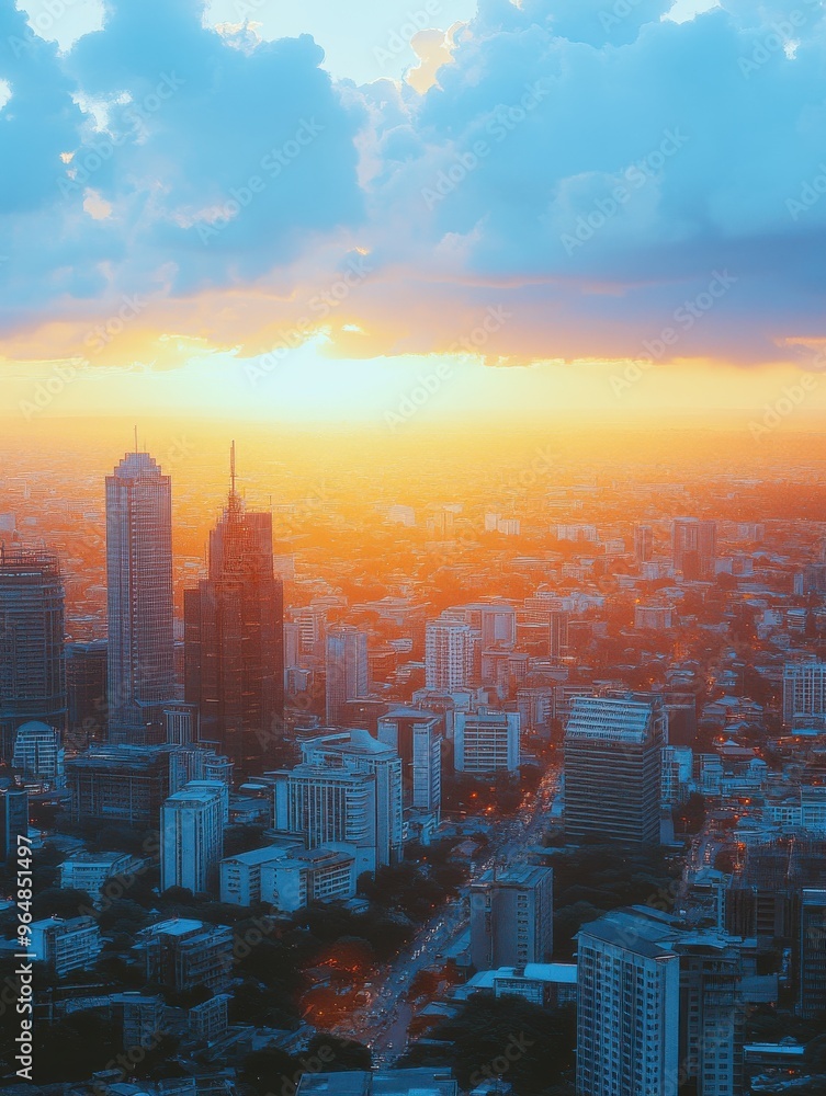 Breathtaking City Skyline at Sunrise with Colorful Cloudy Horizon Illuminating High-Rise Buildings and Urban Landscape Breathtaking City Skyline at Sunrise with Colorful Cloudy Horizon Illuminating High-Rise Buildings and Urban Landscape
