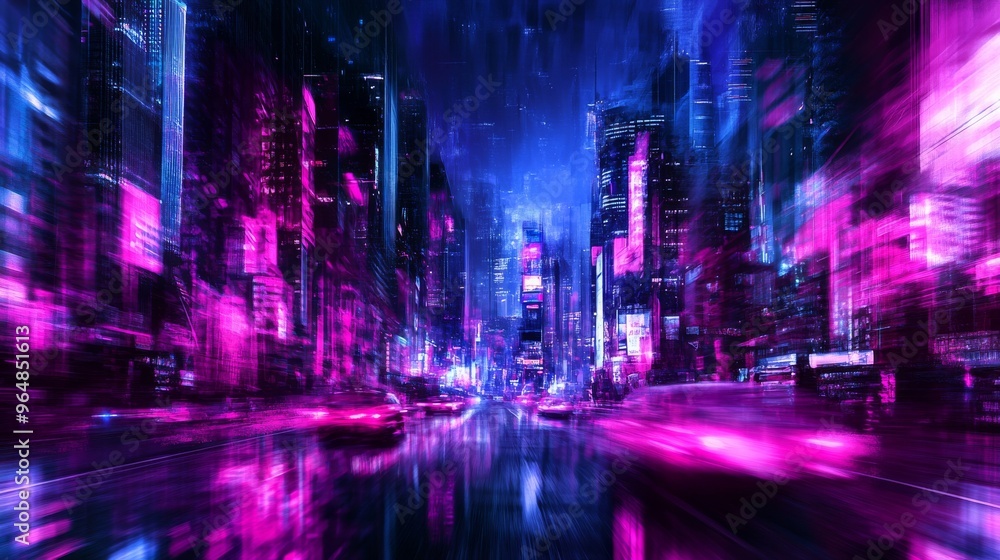 Illustration depicting city lights at night in a motion-blurred abstract style Illustration depicting city lights at night in a motion-blurred abstract style