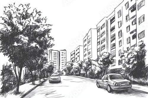 Black and white pen and ink sketch depicting a street view of a city on a summer day