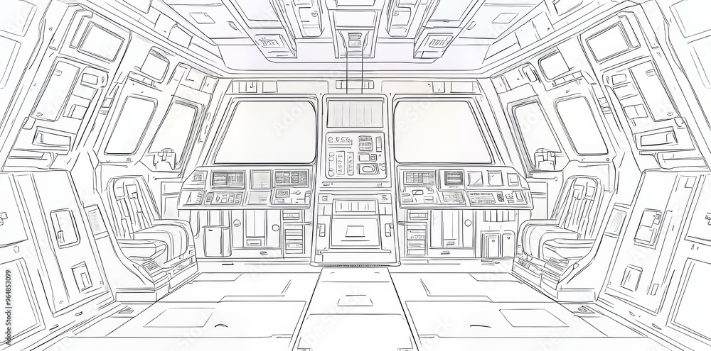 An illustration of a sci-fi spaceship interior from the future featuring intricate details and imaginative design elements An illustration of a sci-fi spaceship interior from the future featuring intricate details and imaginative design elements
