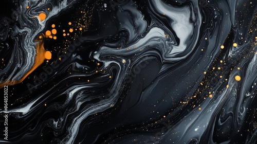 Black fluid art marbling paint texture. Black marbling background