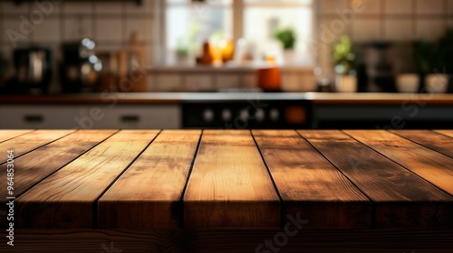 wooden table and kitchen background with copy space.