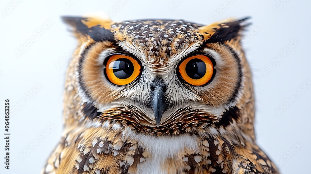 A close-up portrait of an owl with bright orange eyes staring directly at the camera. A close-up portrait of an owl with bright orange eyes staring directly at the camera.