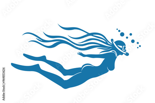 A swimmer explores underwater realms with flowing hair. Vector Illustration
