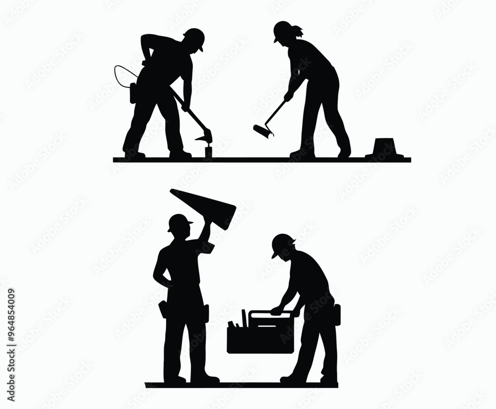 Obraz premium Vector silhouette of road workers or laborers construction illustration template
