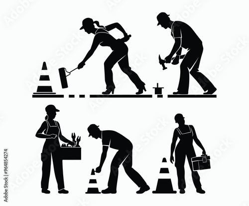 Vector silhouette of road workers or laborers construction illustration template