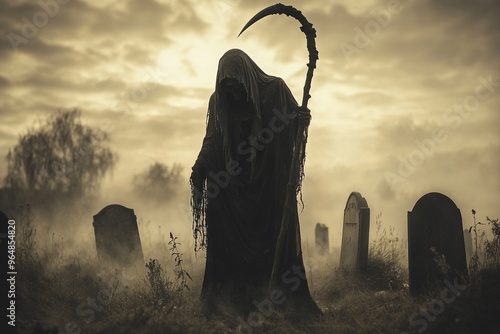 Grim Reaper Holding a Scythe and Standing in Front of Tombstones photo