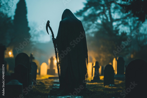 Grim Reaper Holding a Scythe and Standing in Front of Tombstones photo