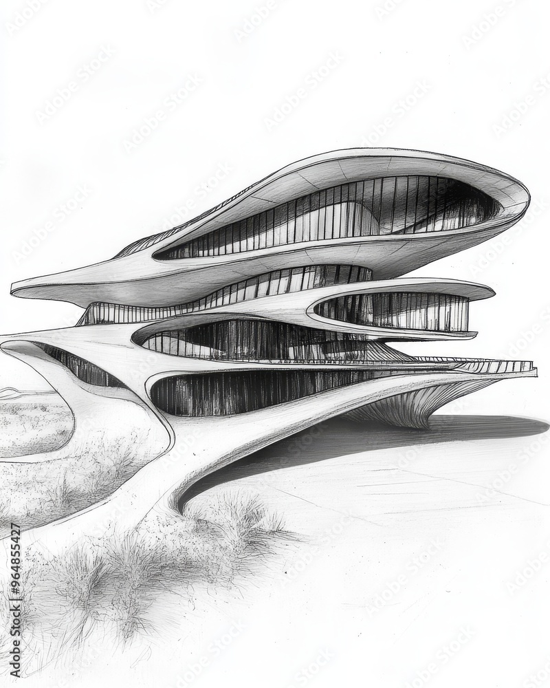 The illustration shows a unique architectural structure in line art The illustration shows a unique architectural structure in line art