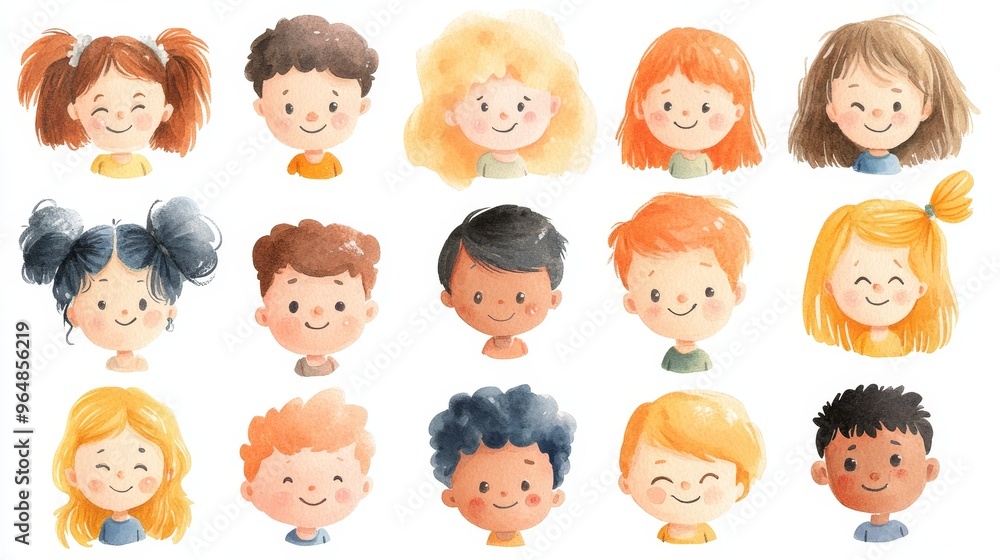Cute cartoon human faces collection on white background. Cartoon faces set Cute cartoon human faces collection on white background. Cartoon faces set