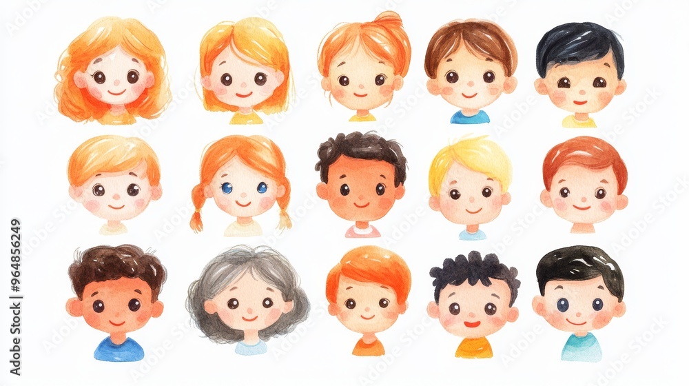 Cute cartoon human faces collection on white background. Cartoon faces set Cute cartoon human faces collection on white background. Cartoon faces set