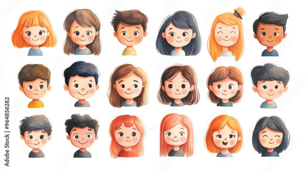 Cute cartoon human faces collection on white background. Cartoon faces set Cute cartoon human faces collection on white background. Cartoon faces set