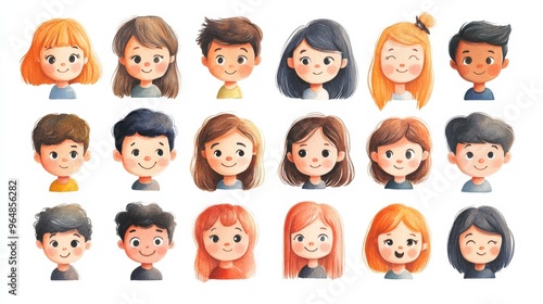 Cute cartoon human faces collection on white background. Cartoon faces set