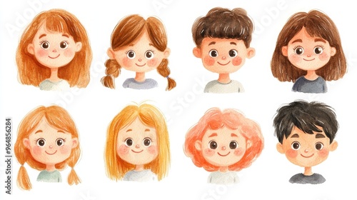 Cute cartoon human faces collection on white background. Cartoon faces set