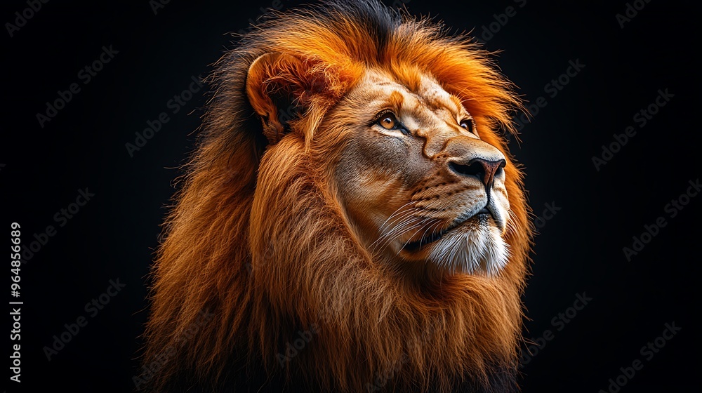 Fototapeta premium Majestic lion with a thick mane looking up against a black background.