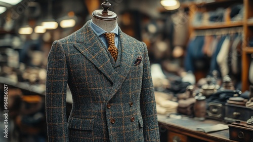 A tailored suit displayed on a mannequin in a shop