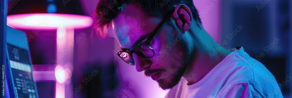A young man wearing glasses is deeply engrossed in his work at a computer, surrounded by vibrant purple and pink lighting A young man wearing glasses is deeply engrossed in his work at a computer, surrounded by vibrant purple and pink lighting