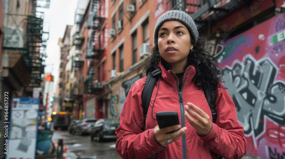 A woman in a red jacket and beanie looks at her phone while walking through a colorful urban alleyway with street art A woman in a red jacket and beanie looks at her phone while walking through a colorful urban alleyway with street art