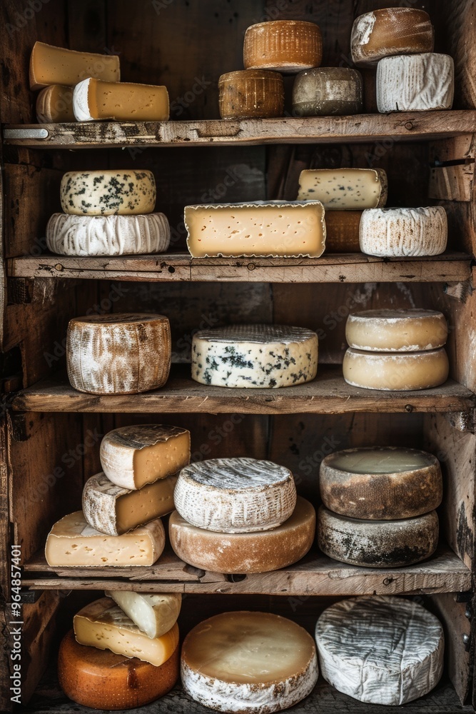 Various cheese wheels displayed on a rustic wooden shelf, emphasizing artisanal craftsmanship Various cheese wheels displayed on a rustic wooden shelf, emphasizing artisanal craftsmanship