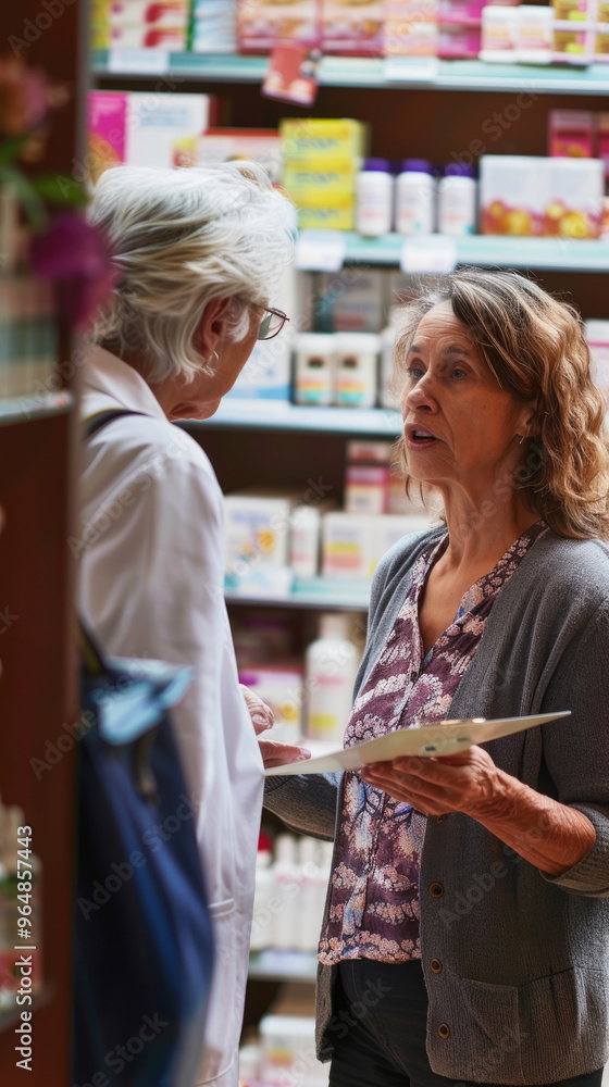 An elderly woman consults with a pharmacist about medication options while shopping in a bustling pharmacy setting An elderly woman consults with a pharmacist about medication options while shopping in a bustling pharmacy setting