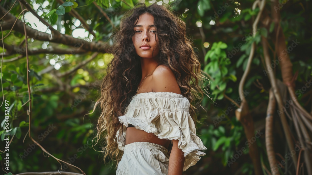 A young woman with long, curly hair stands confidently in a vibrant green environment, radiating natural beauty at sunset