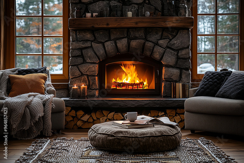 A warm, cozy living room with a glowing stone fireplace, soft blankets on plush armchairs, and a steaming mug of hot cocoa, perfect for a relaxing evening indoors